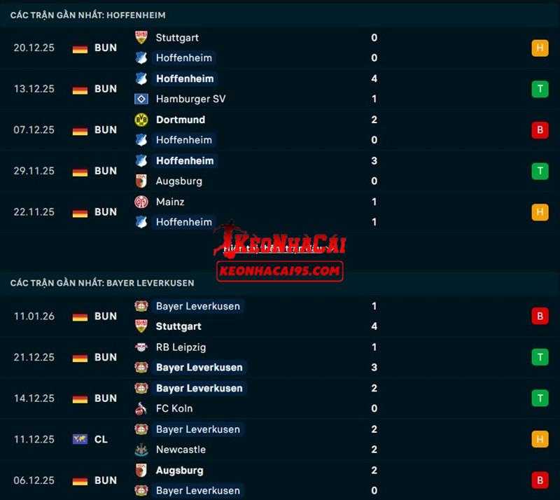 Phong độ gần đây của Hoffenheim vs Leverkusen